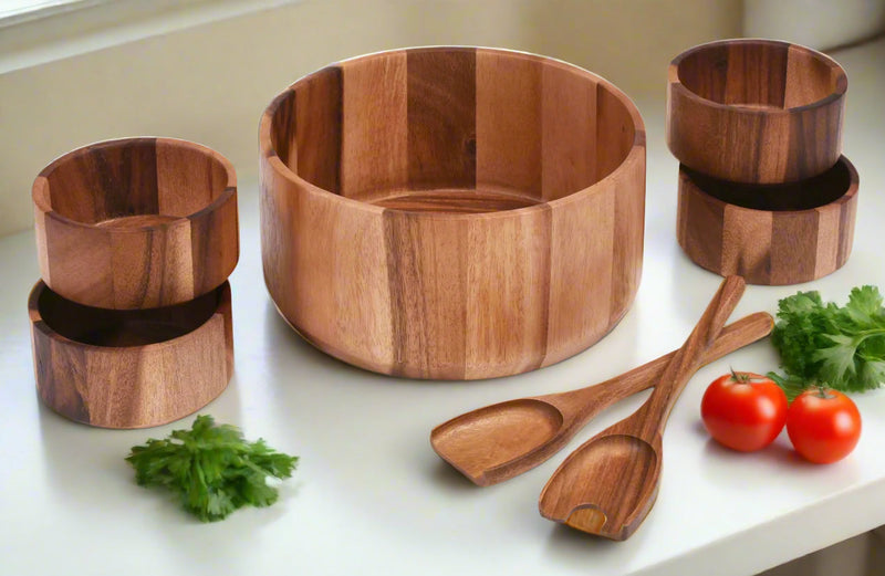 Extra Large Wooden Salad Bowl with Servers and 4 Individual Bowls