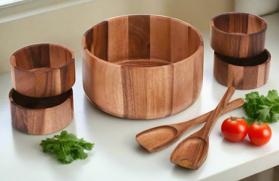 Extra Large Wooden Salad Bowl with Servers and 4 Individual Bowls