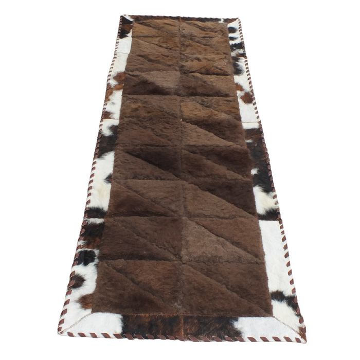 Rectangle Patchwork Rug – Tricolor Cowhide with Bison Leather Center (2' x 6')