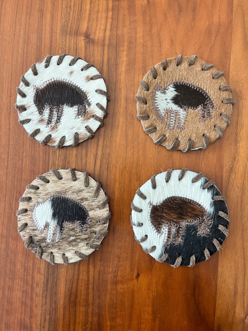 Cowhide coasters bison design for cups, mugs and bar ware