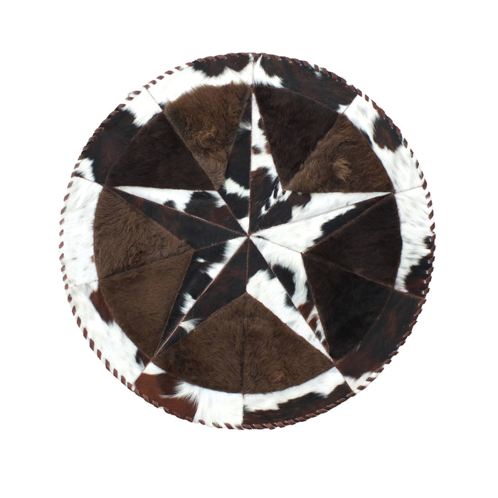 Round Buffalo Area Rug - Tricolor Cowhide Star & Edge, Bison Fill (42" Diameter)
