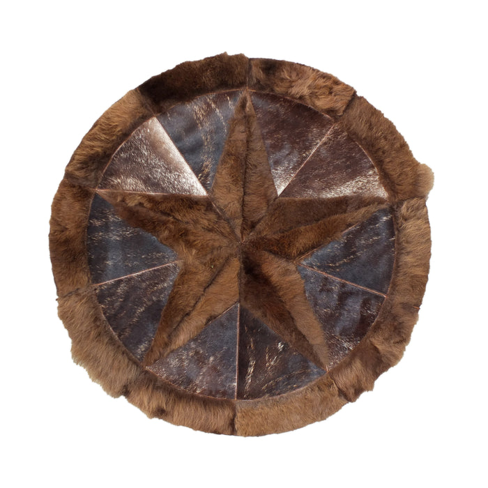 Round Buffalo Area Rug – Brindle Cowhide Fill with Bison Star & Border (42" Diameter)