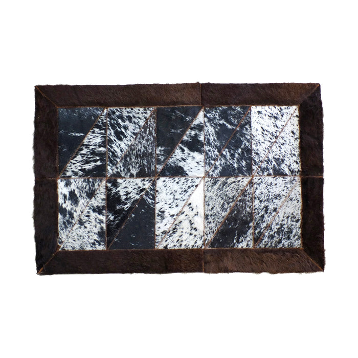 Rectangle Patchwork Rug – Black & White Speckled Cowhide with Bison Leather Border (2' x 3')