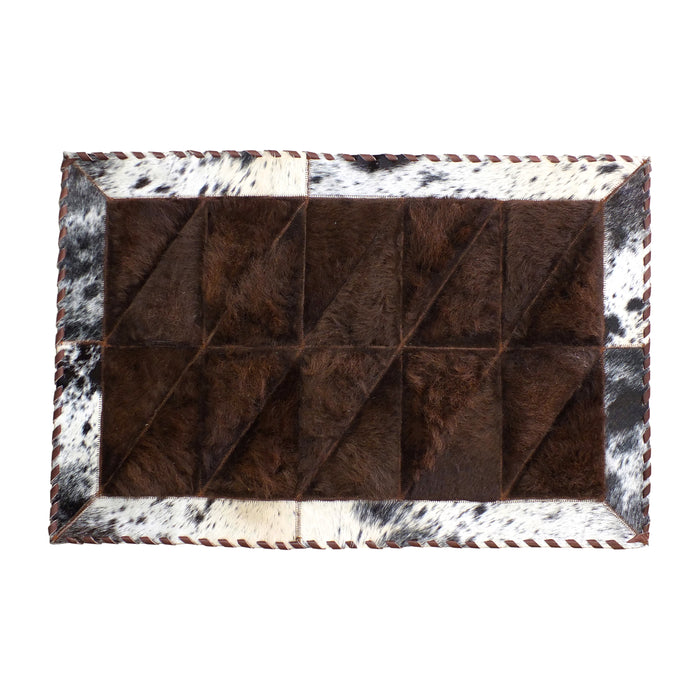 Rectangle Patchwork Rug – Bison Leather Center with Black & White Speckled Cowhide Border (2' x 3')