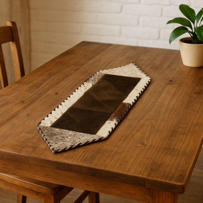 Rustic Cowhide and Bison Leather Table Runner – Hand-Stitched Western Decor - Brindle