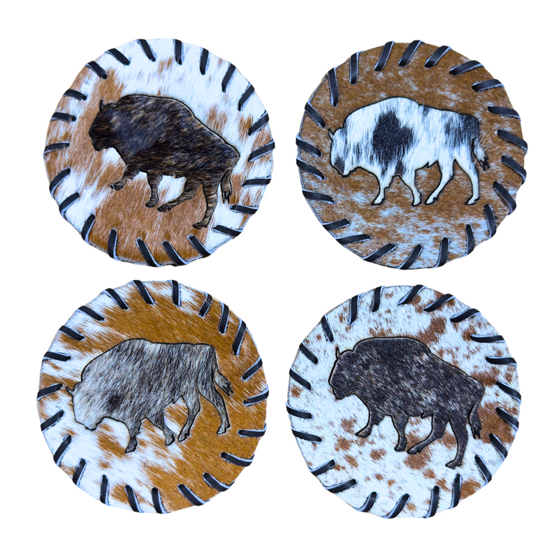 Handcrafted Circle Cowhide Coasters - Natural Leather Drink Mats Bison Design
