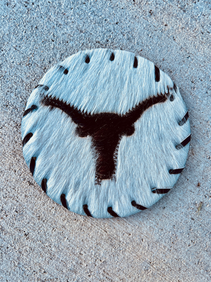 Handcrafted Circle Cowhide Coasters - Natural Leather Drink Mats - Longhorn Design