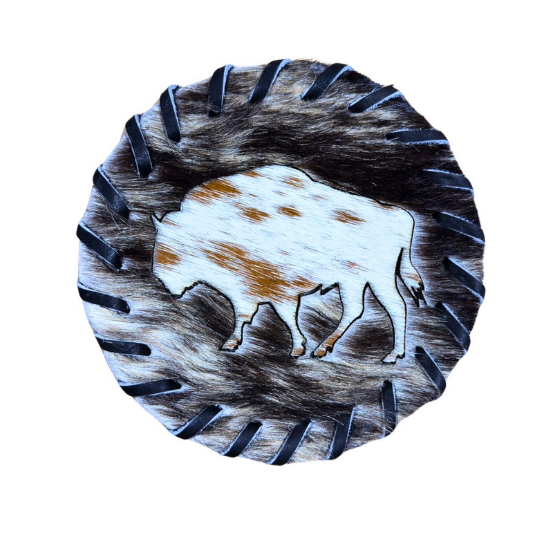 Handcrafted Circle Cowhide Coasters - Natural Leather Drink Mats Bison Design