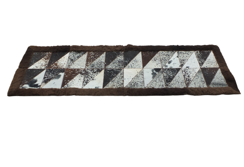 Rectangle Patchwork Area Rug - Bison Edge, Cowhide Center- 2’x6’ - Black and White Speckled