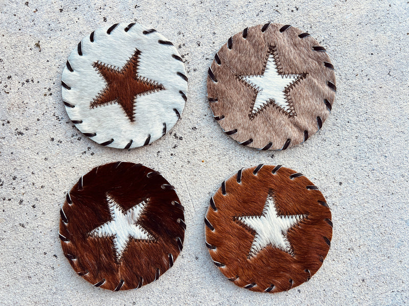 Handcrafted Circle Cowhide Coasters - Natural Leather Drink Mats - Star Design
