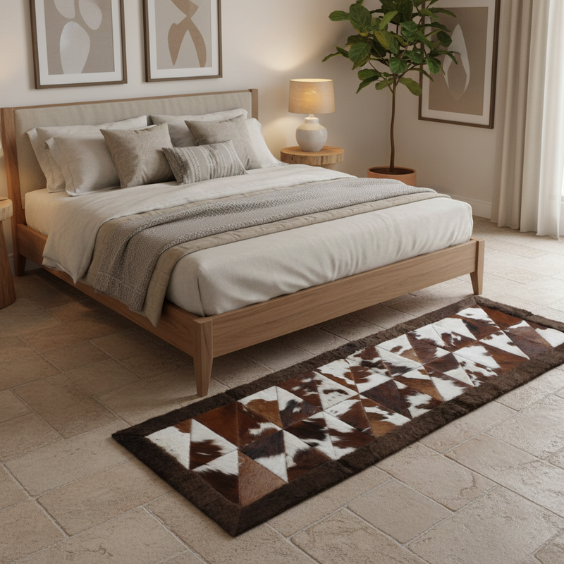 Rectangle Patchwork Area Rug - Cowhide Center, Bison Edge- 2'x6 - Tricolor