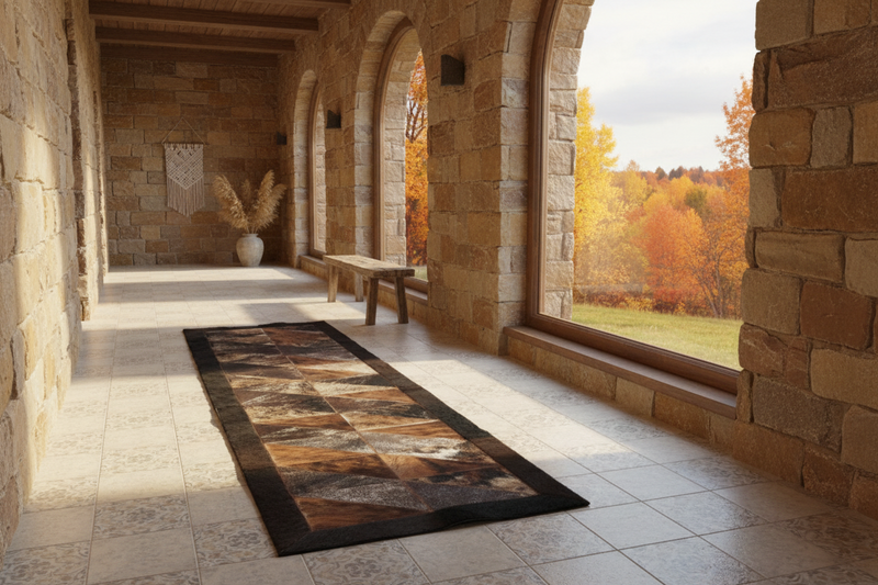 Rectangle Patchwork Area Rug - Cowhide Center, Bison Edge- 2'x6 Brindle