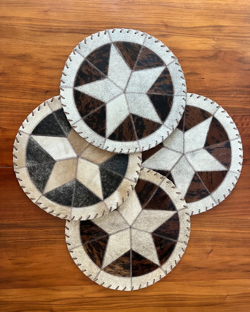 Genuine Cowhide Leather Circle Placemats & 4 Coasters Bundle Star