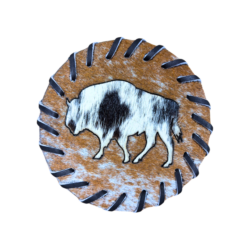 Handcrafted Circle Cowhide Coasters - Natural Leather Drink Mats Bison Design