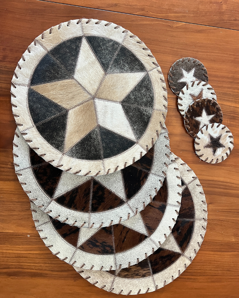 Genuine Cowhide Leather Circle Placemats & 4 Coasters Bundle Star