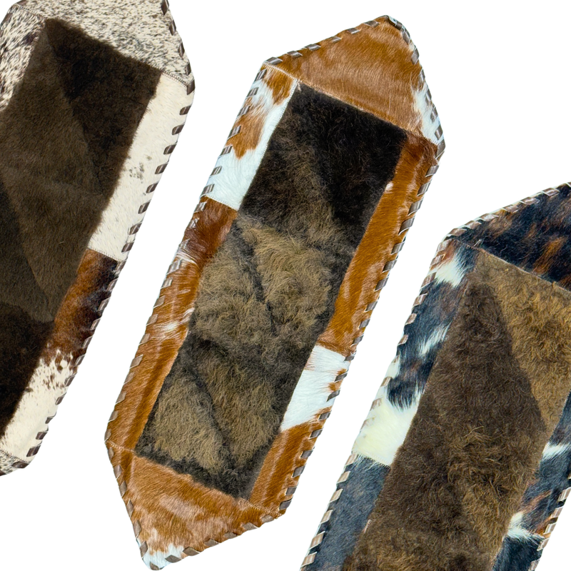 Rustic Cowhide and Bison Leather Table Runner – Hand-Stitched Western Decor - Brindle