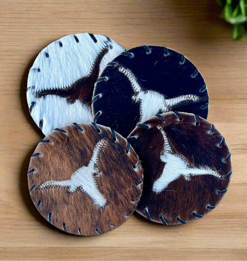 Handcrafted Circle Cowhide Coasters - Natural Leather Drink Mats - Longhorn Design