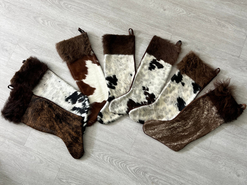 SALE - Assorted Buffalo / Bison Hair Christmas Stocking with Cowhide Leather Black and White