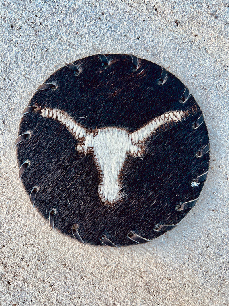 Handcrafted Circle Cowhide Coasters - Natural Leather Drink Mats - Longhorn Design