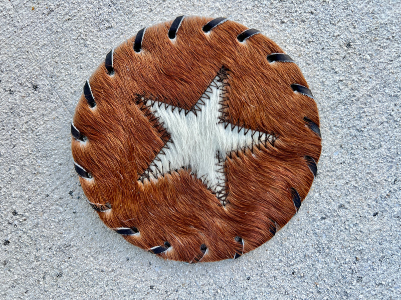 Handcrafted Circle Cowhide Coasters - Natural Leather Drink Mats - Star Design