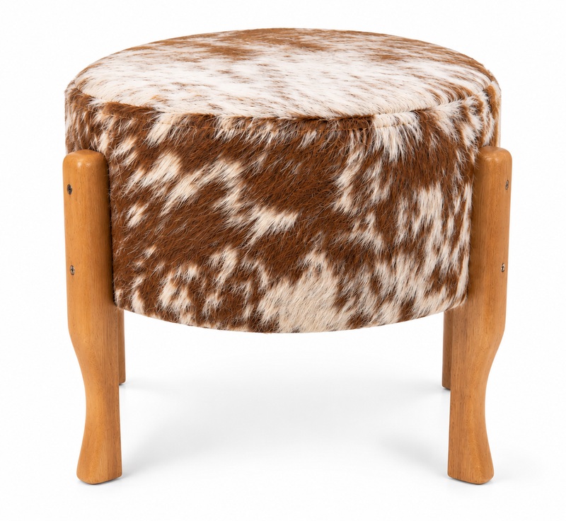 Brazilian Cowhide Leather Stool with Eucalyptus Wood Legs - 15"x16"