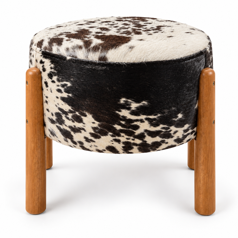 Brazilian Cowhide Leather Stool with Eucalyptus Wood Legs