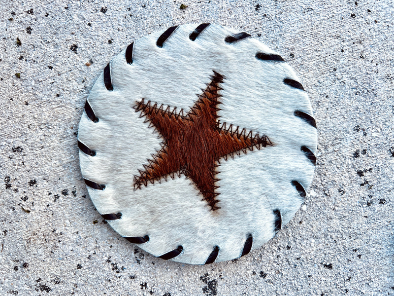 Handcrafted Circle Cowhide Coasters - Natural Leather Drink Mats - Star Design