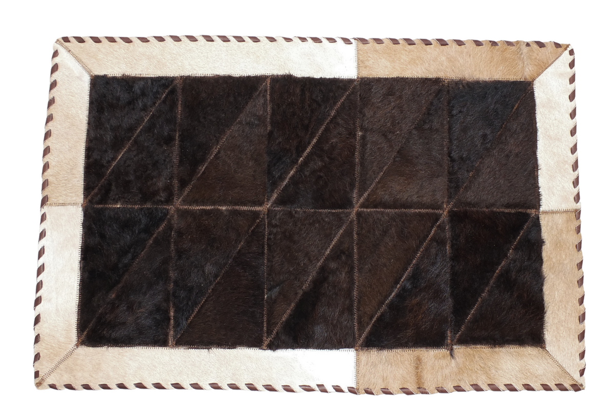 Rectangle Patchwork Area Rug - Tricolor Light Brown Cowhide, Bison Cen ...