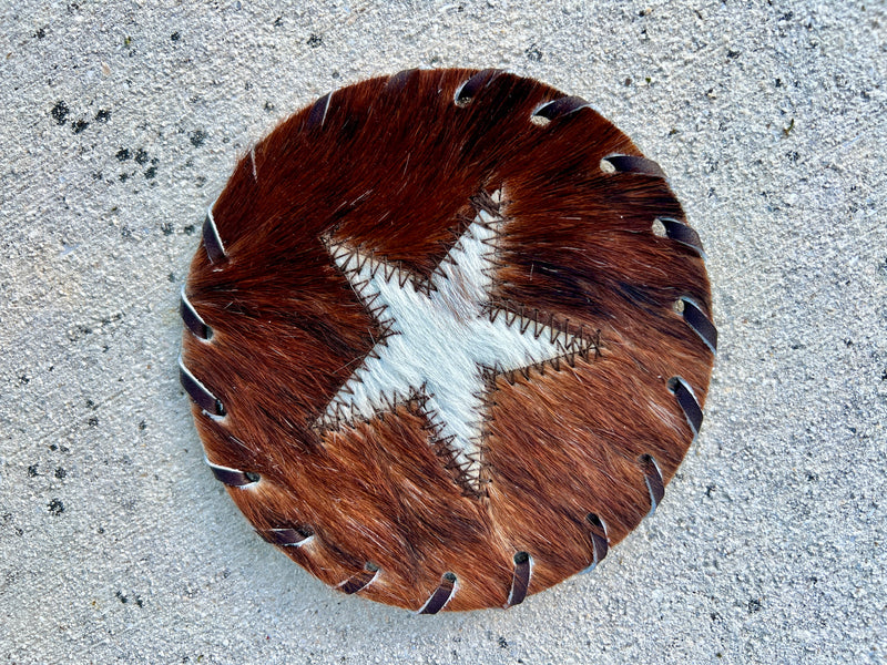 Handcrafted Circle Cowhide Coasters - Natural Leather Drink Mats - Star Design