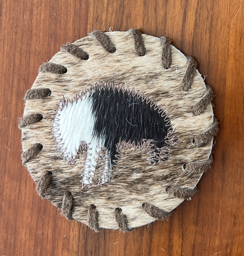 Handcrafted Circle Cowhide Coasters - Natural Leather Drink Mats - Bison Design