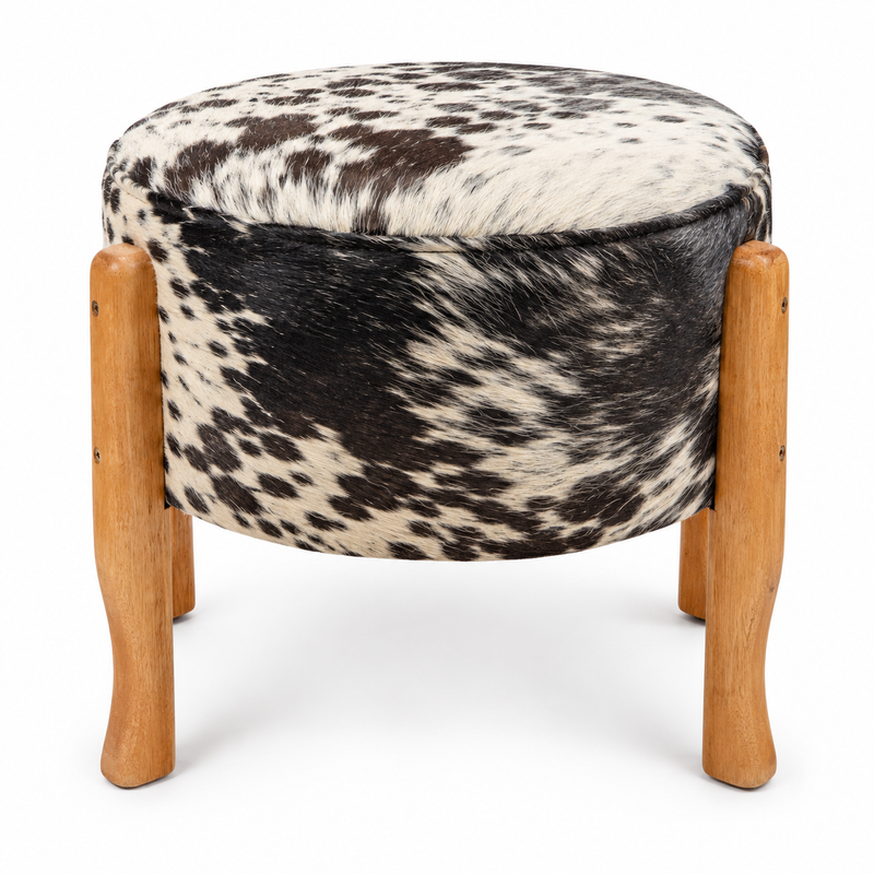 Brazilian Cowhide Leather Stool with Eucalyptus Wood Legs - 15"x16"