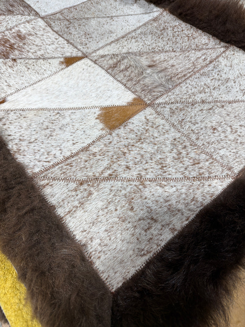 Rectangle Patchwork Area Rug - Cowhide Center, Bison Edge- 2'x6 Brindle