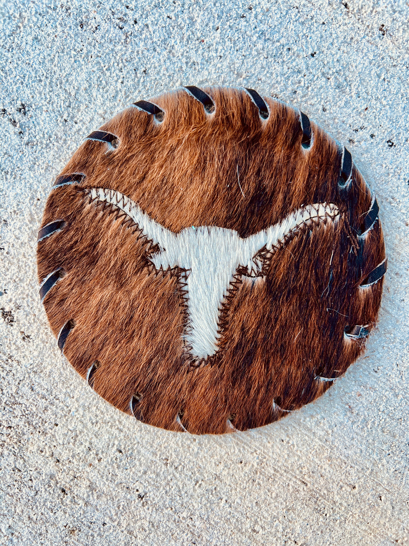 Handcrafted Circle Cowhide Coasters - Natural Leather Drink Mats - Longhorn Design