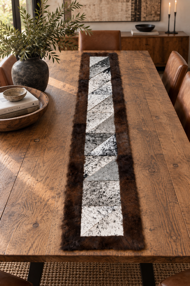 Rectangle Cowhide Patchwork Runner with Bison Trim - Black and White, 1'x6'
