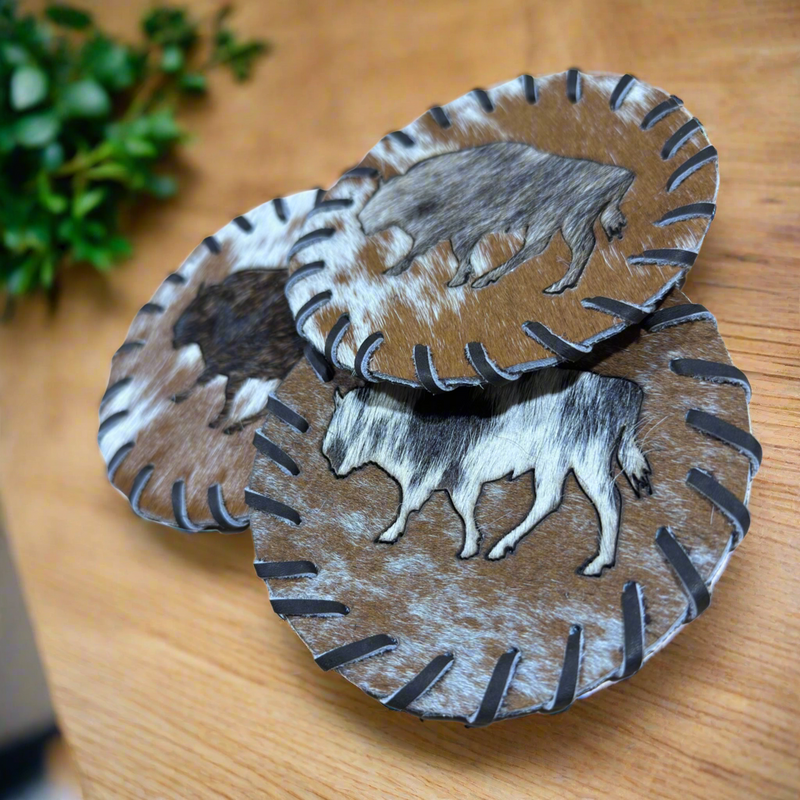 Handcrafted Circle Cowhide Coasters - Natural Leather Drink Mats Bison Design