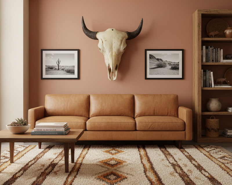Living room with brown leather sofa, wooden coffee table, and decorative elements bison skull