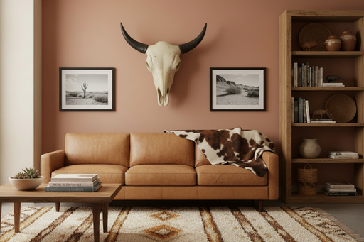 Living room with brown leather sofa, wooden coffee table, and decorative elements bison skull
