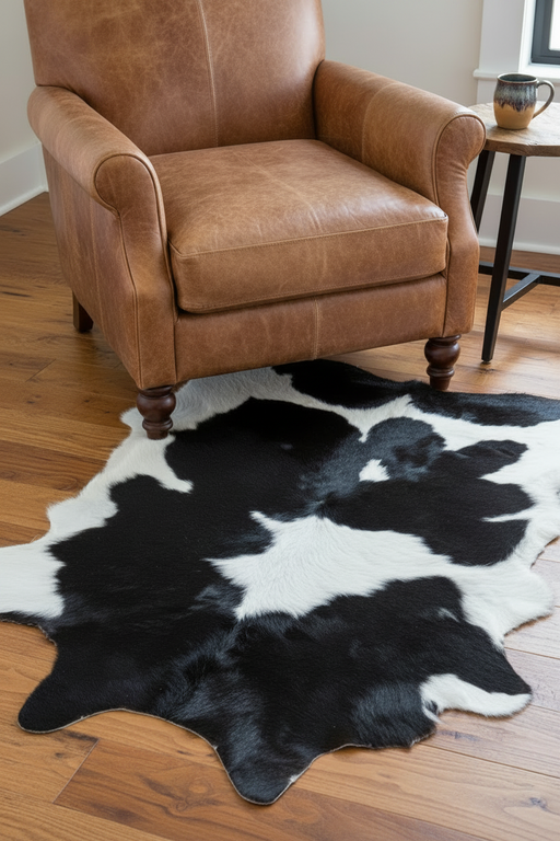Black and white hair on calf skin on a wooden floor rustic living room.