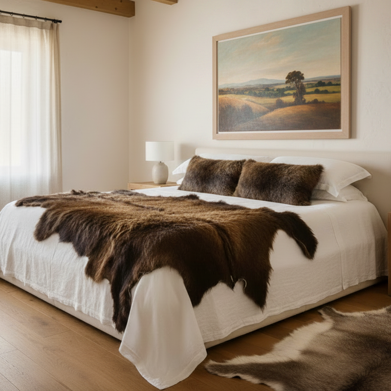 Bedroom with a bed featuring a brown fur throw and pillows, with a lamp and curtain in the background.