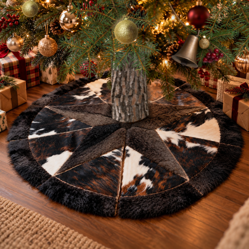 Round Bison Christmas Tree Skirt with Cowhide Star & Trim - Tricolor