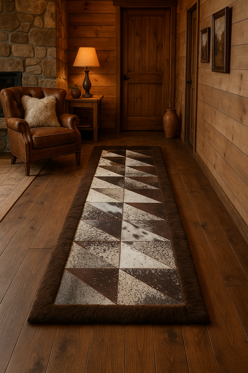 Bison Rectangle Patchwork Area Rug - Cowhide Center, Bison Edge- 2'x6 - Brown Speckled