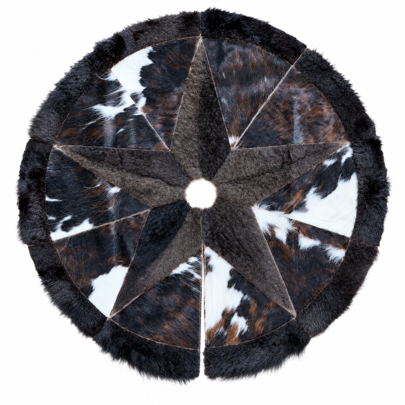 Round Bison Christmas Tree Skirt with Cowhide Star & Trim - Tricolor