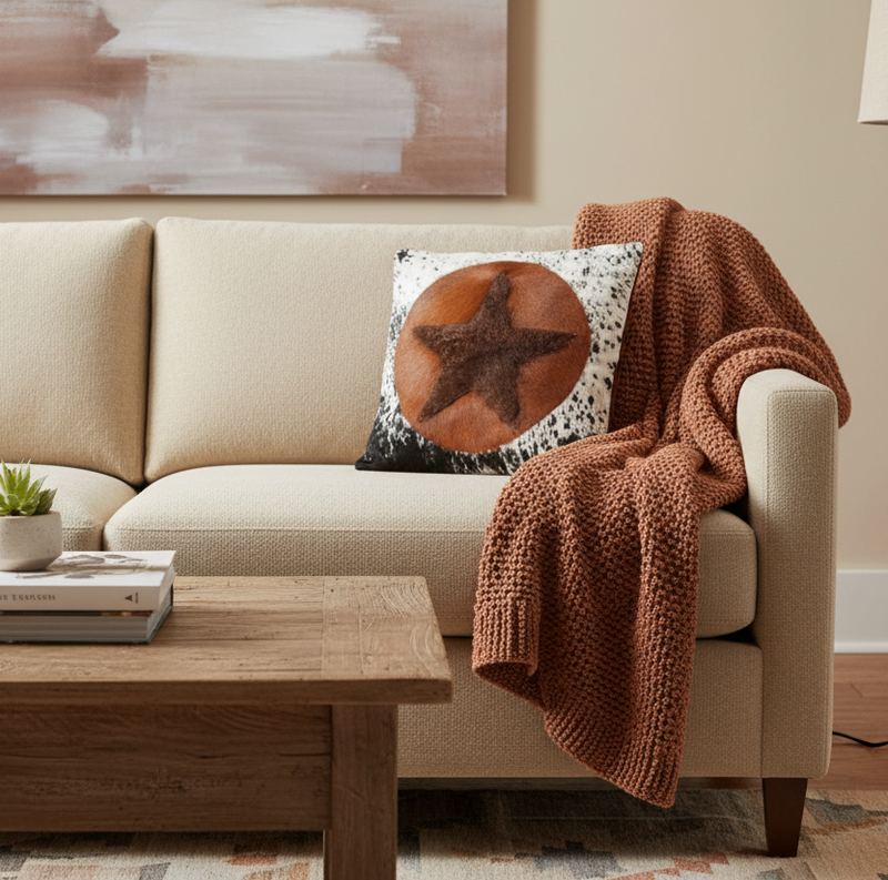 Brown Circle & White Speckled Cowhide & Buffalo Hide Star Pillow Cover, 20" x 20"
