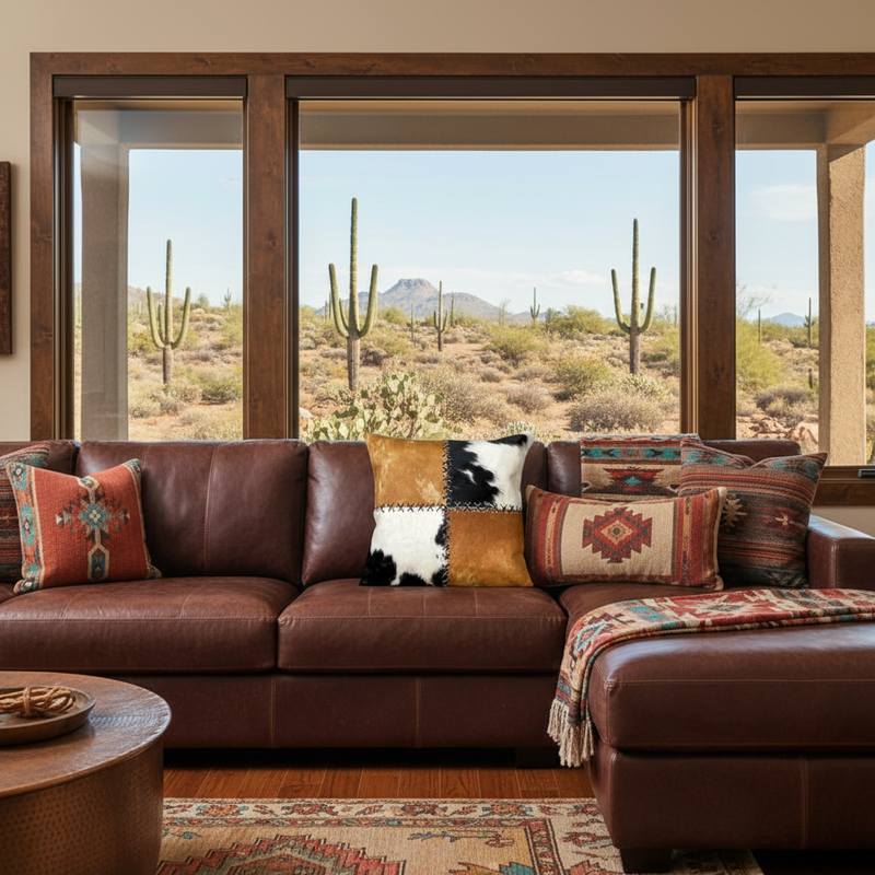 Cowhide pillow on a rustic leather couch