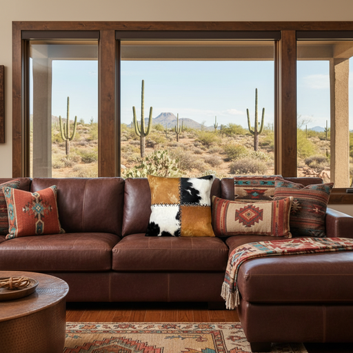 Cowhide pillow on a rustic leather couch