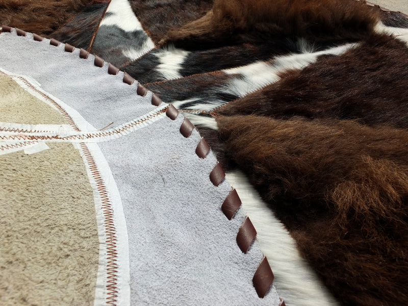 Round Buffalo Area Rug - Brindle Cowhide Fill with Bison Star & Border (72" Diameter)