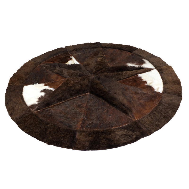 Round Buffalo Area Rug - Tricolor Cowhide Fill with Bison Star & Border (60" Diameter)