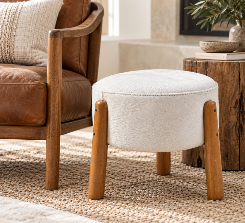Brazilian Cowhide Leather Stool with Eucalyptus Wood Legs