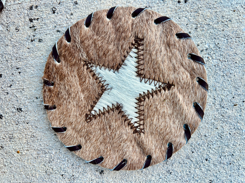 Handcrafted Circle Cowhide Coasters - Natural Leather Drink Mats - Star Design
