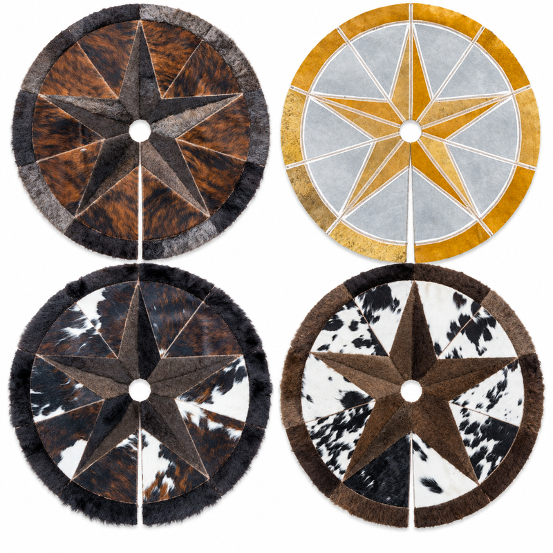 Round Bison Christmas Tree Skirt with Cowhide Star & Trim - Tricolor